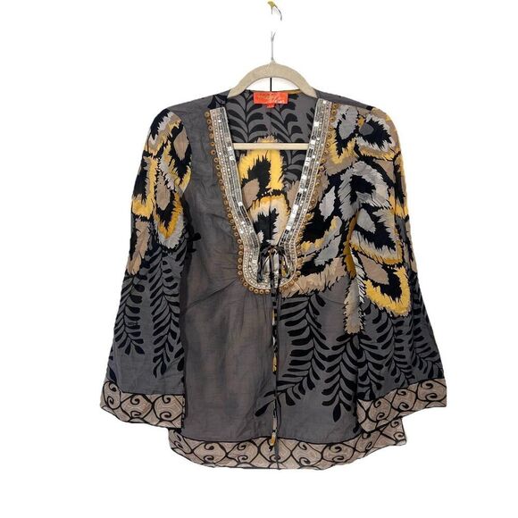 Hale Bob Top Women’s XS Silk Cotton Bell Sleeve Fairy Beaded Boho Blouse - Picture 1 of 7